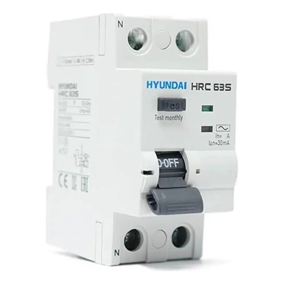 قاطع ايرث ليكدج ضد التسريب الارضى هيونداي Hyundai HRC RCCB ثنائي الأقطاب 2P قطب 30mA – RCCB 25–63 أمبير (HG-Series)